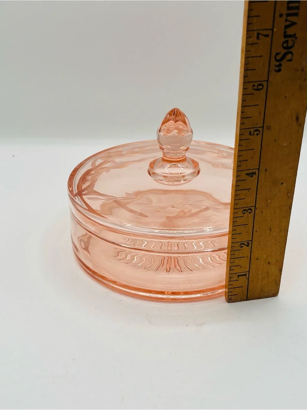 Peach Pink Pressed Glass Covered Trinket Dish